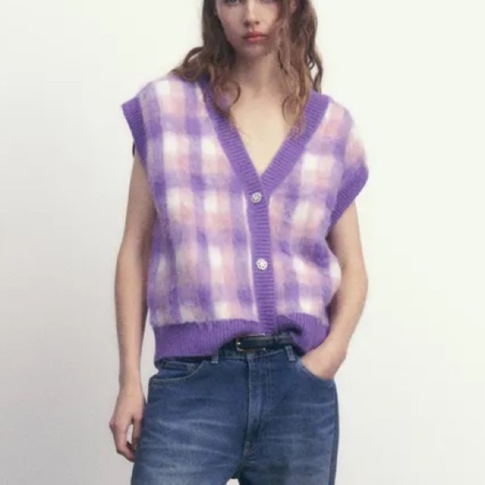 Zara Purple Sleeveless Plaid Jewel Button Knit Vest Small